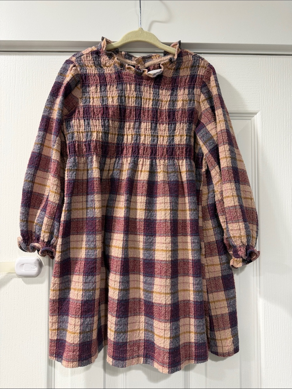 Zara Pink and Burgundy Plaid Ruffled-Neck Kids Dress